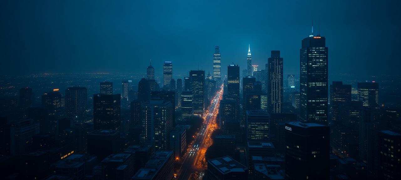 现代金融都市的夜景，象征稳定与未来